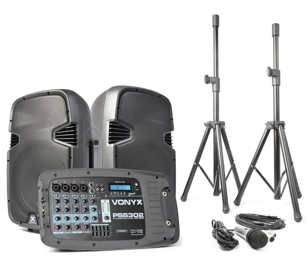 Vonyx PSS302 Draagbare geluidsset 10" SD/USB/MP3/BT met statieven