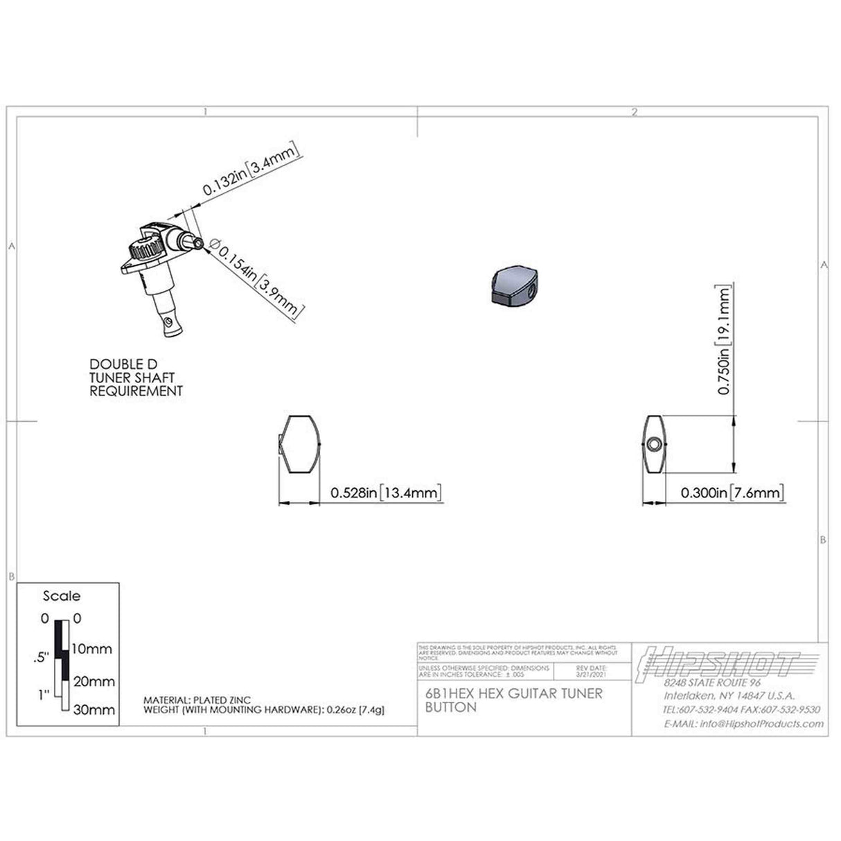Hipshot HS6B1HEXB Hex Stemknop voor Gitaarmechaniek Black, per stuk