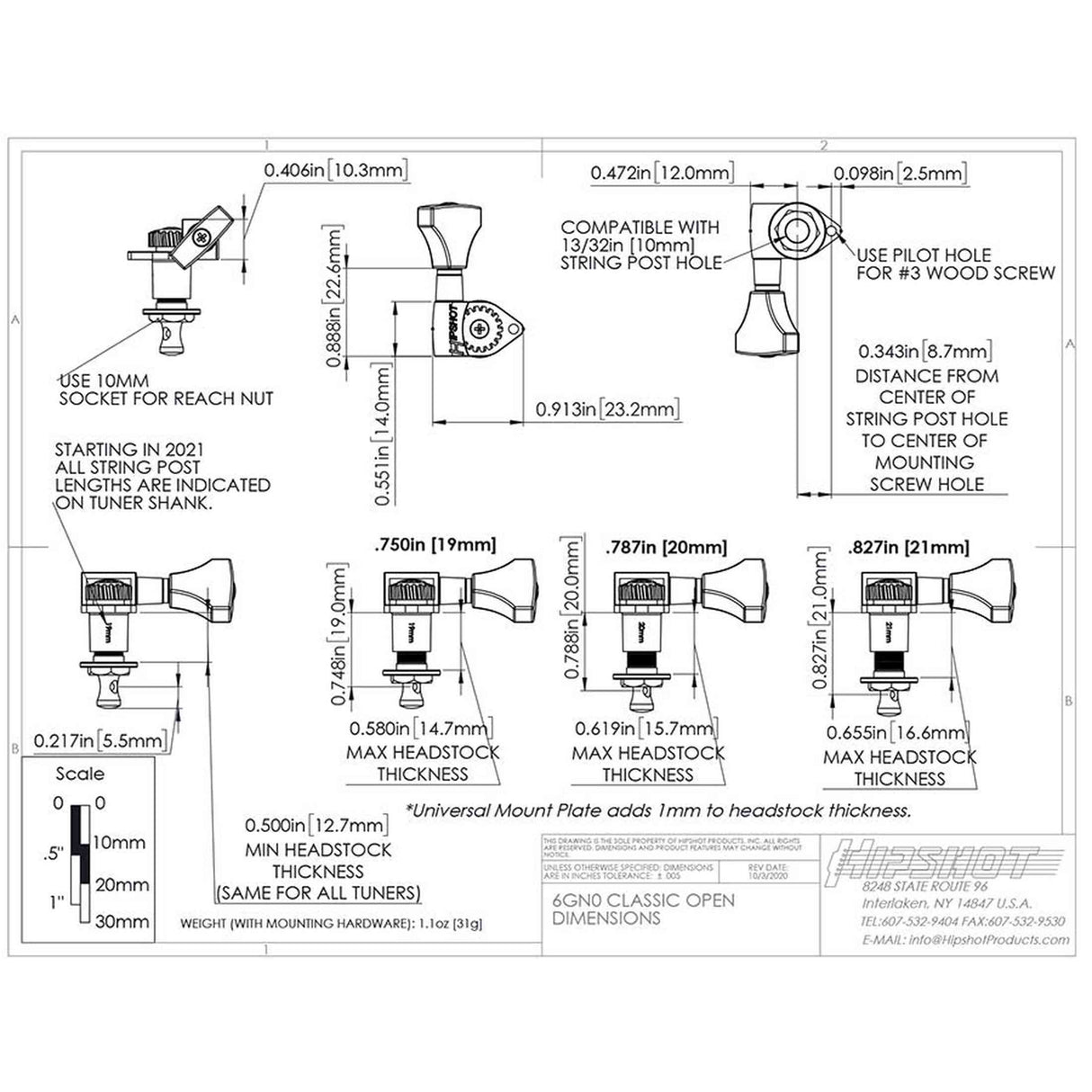 Hipshot HS6K1GN0CST Gitaar tuner upgrade kit, 6 in line classic, open chroom staggered