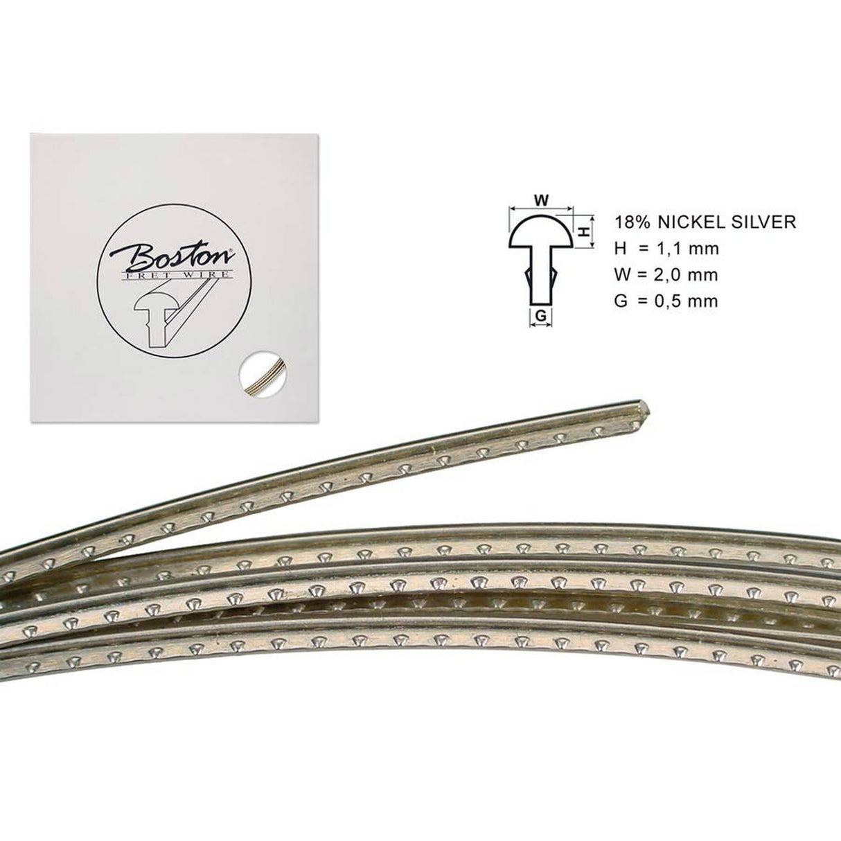 Boston FW-1120058 fretwire, 5 m., 18% nickel silver, h=1,1 w=2,0 g=0,5mm, alternative for 6230, vintage ST and TE