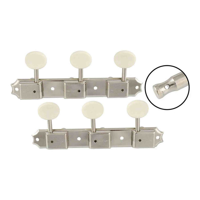 Allparts TK0700001 Gotoh vintage deluxe style 3x3 keys on a strip, 70 mm, off-white plastic knoppen, nikkel, 2pcs