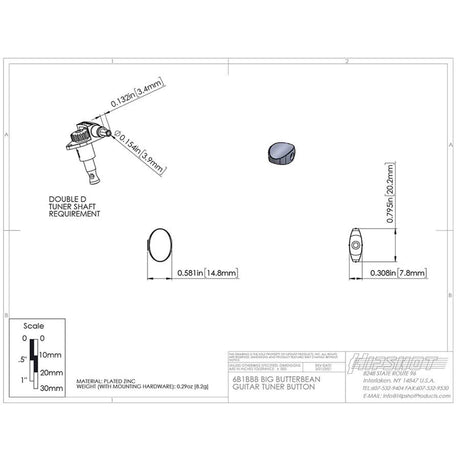 Hipshot HS6B1BBBG Big Butter Bean Stemknop voor Gitaarmechaniek Gold, per stuk