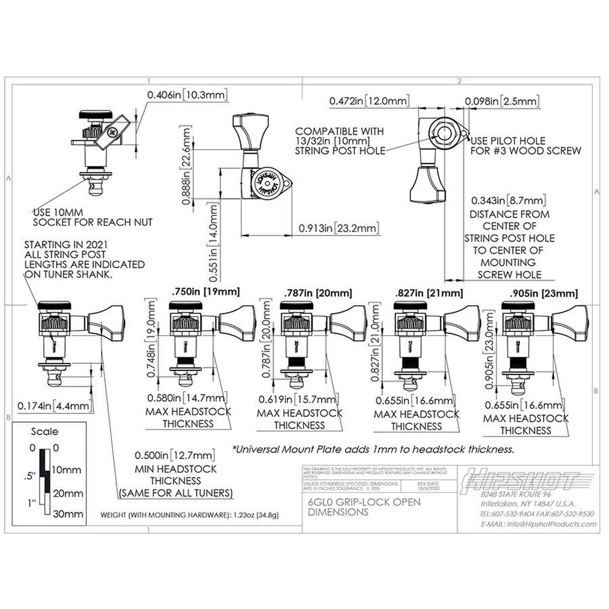 Hipshot HS6K1GL0SST Gitaar tuner upgrade kit, 6 inline Grip-Lock, open satin staggered