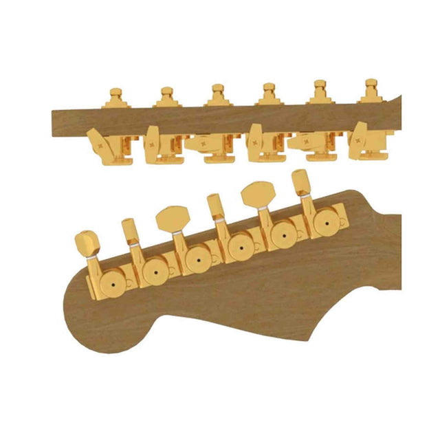 Hipshot HS6K1VEL0GS Vintage gitaar tuner upgrade kit, 6 inline Grip-Lock, closed goud staggered