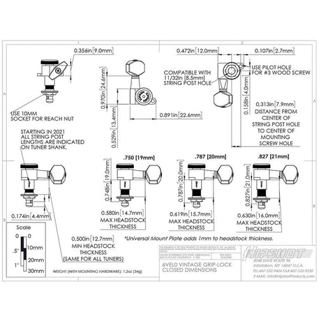 Hipshot HS6K1VEL0SS Vintage gitaar tuner upgrade kit, 6 inline Grip-Lock, closed satin staggered