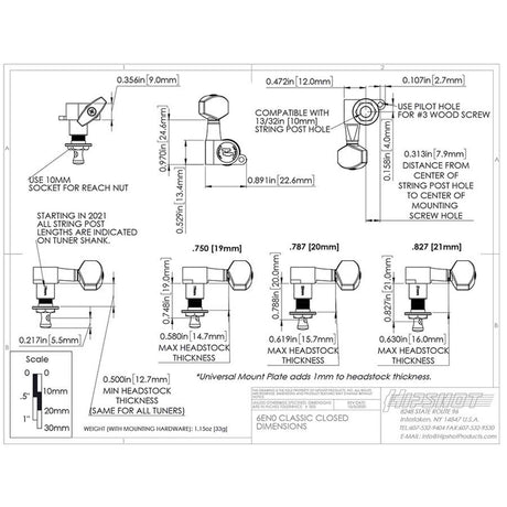 Hipshot HS6K2EN0G Gitaar tuner upgrade kit, 3 + 3 classic, closed goud