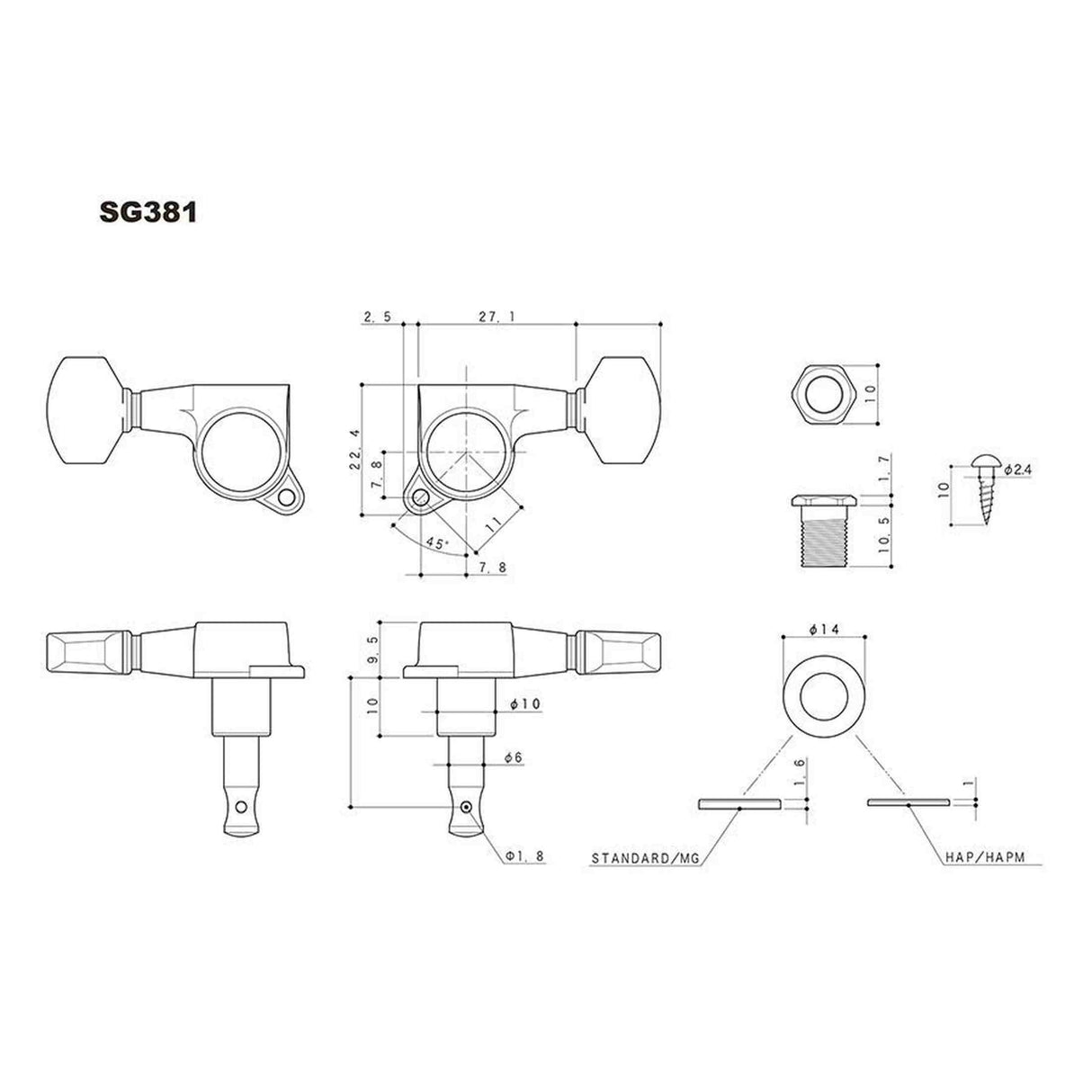 Gotoh GTH14065 SG381 stemmechanieken (posts 6xL) met Magnum Lock Trad and 05 knoppen, 6L, zwart
