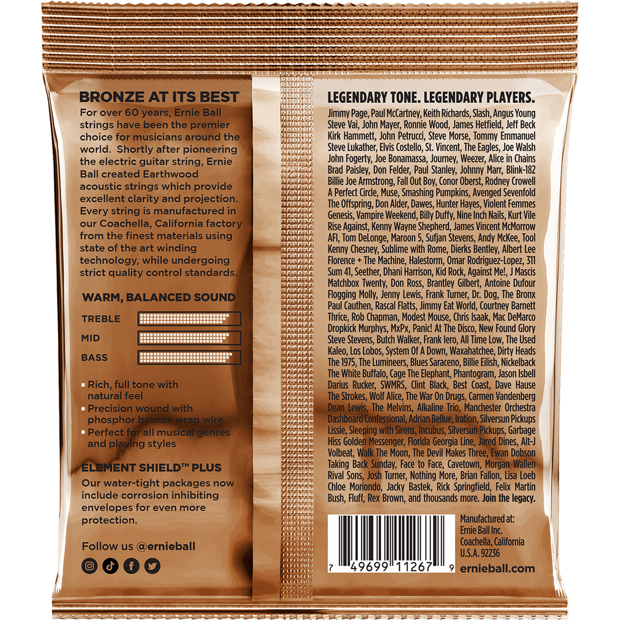 Ernie Ball 3544 Earthwood Fosforbrons Akoestische Gitaarsnaren Medium 13–56 3-Pack